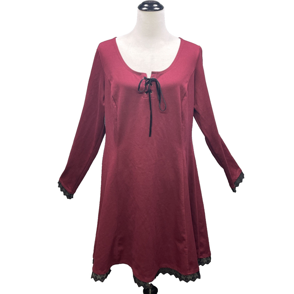 Hot Topic Womens 3XL Burgundy Velvet Lace-Up Blk Lace Trim Dress Goth Witchcore